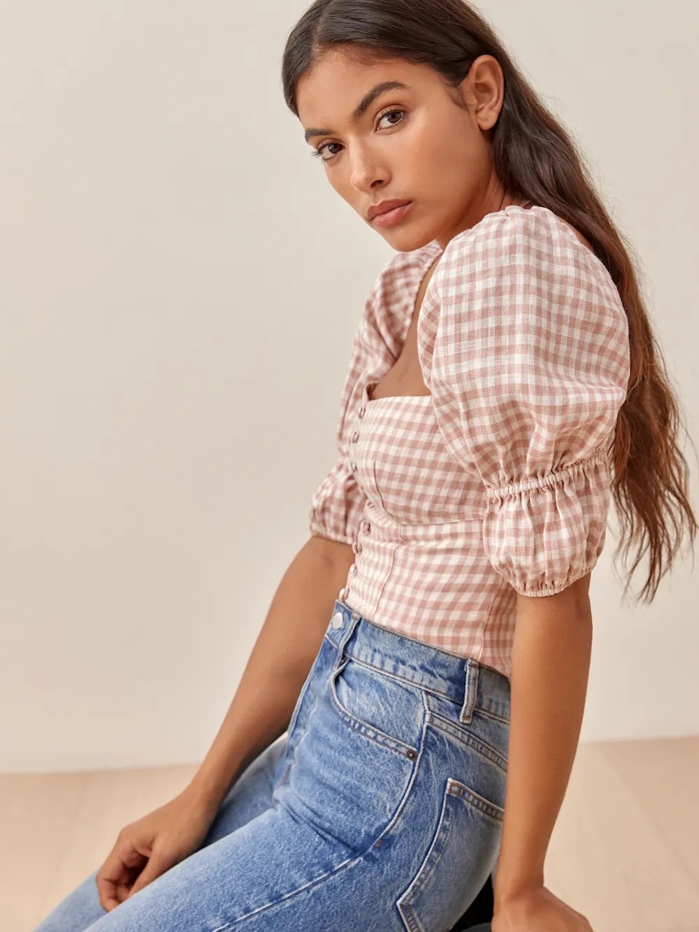 Reformation Norton Linen Top Blush Check - Picture 5 of 6